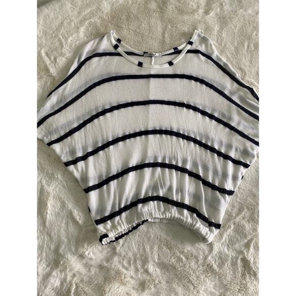 Papaya Semi Sheer Coastal Open Knit Black White Stripe Dolman 1/2 Sleeve Top Med - Picture 3 of 10